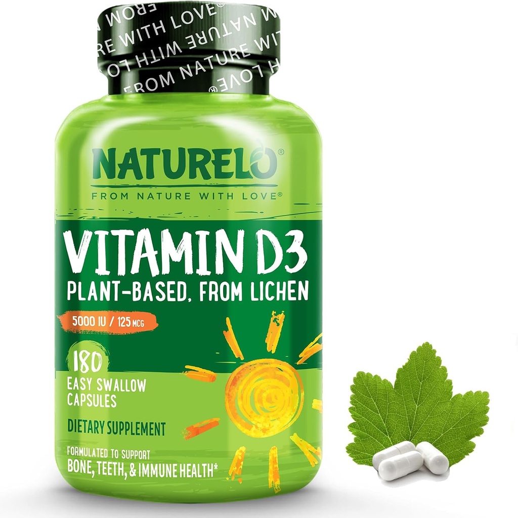 NATURELO D-vitamin - 5000 IE - Plant baseret fra Lichen - Natural D3 Supplement for immunsystem, Knoglestøtte, fælles sundhed - høj potens - Vegan - Non- GMO - Gluten Free - 180 kapsler