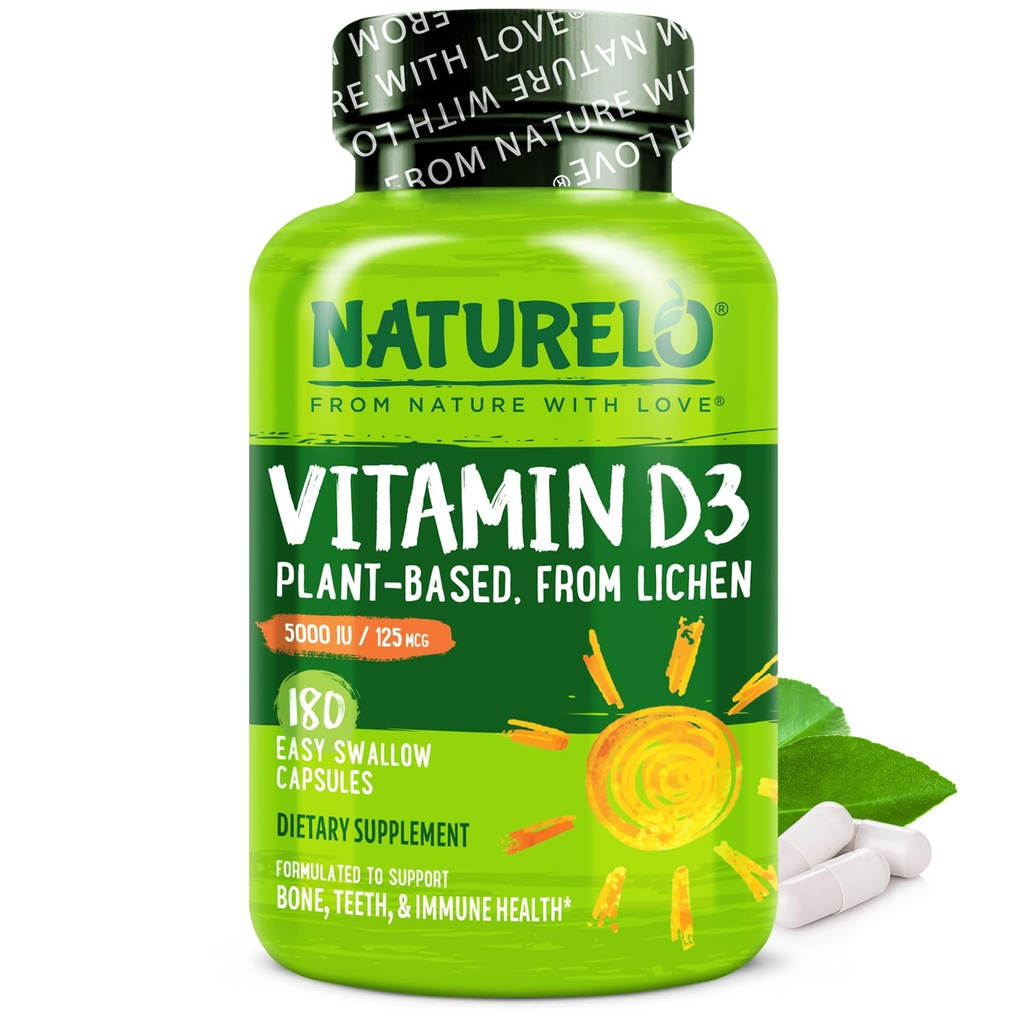 NATURELO D-vitamin - 5000 IE - Plant baseret fra Lichen - Natural D3 Supplement for immunsystem, Knoglestøtte, fælles sundhed - høj potens - Vegan - Non- GMO - Gluten Free - 180 kapsler