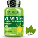 NATURELO D-vitamin - 5000 IE - Plant baseret fra Lichen - Natural D3 Supplement for immunsystem, Knoglestøtte, fælles sundhed - høj potens - Vegan - Non- GMO - Gluten Free - 180 kapsler