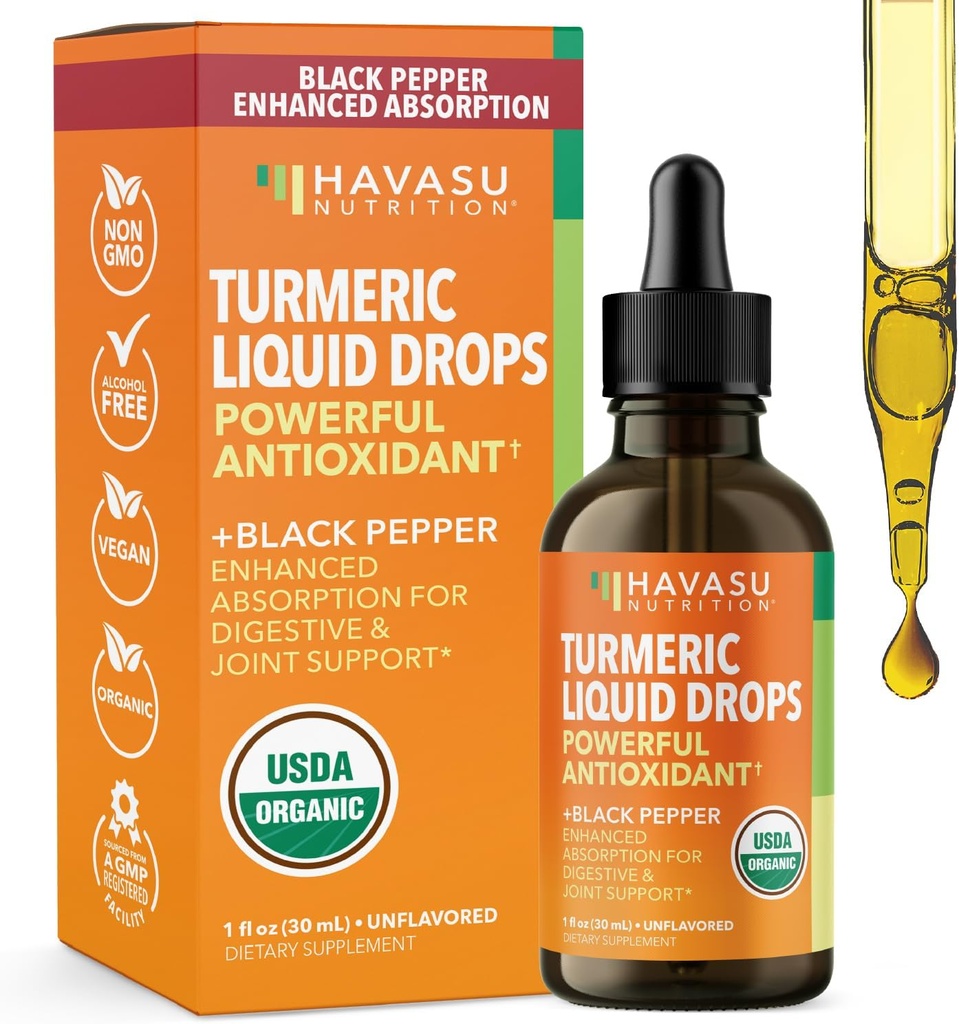 USDA Organic Turmerisk Væskedråber med sort peber - 1000mg Curcumin supplement til immunforsvar og fordøjelsessygdomme - 30 Servere - Forbedret Absorption - Non- GMO, Vegan, Gluten Free - Unflavored, 1 Fl Oz