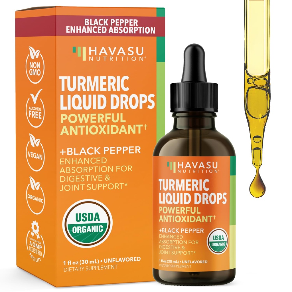 USDA Organic Turmerisk Væskedråber med sort peber - 1000mg Curcumin supplement til immunforsvar og fordøjelsessygdomme - 30 Servere - Forbedret Absorption - Non- GMO, Vegan, Gluten Free - Unflavored, 1 Fl Oz