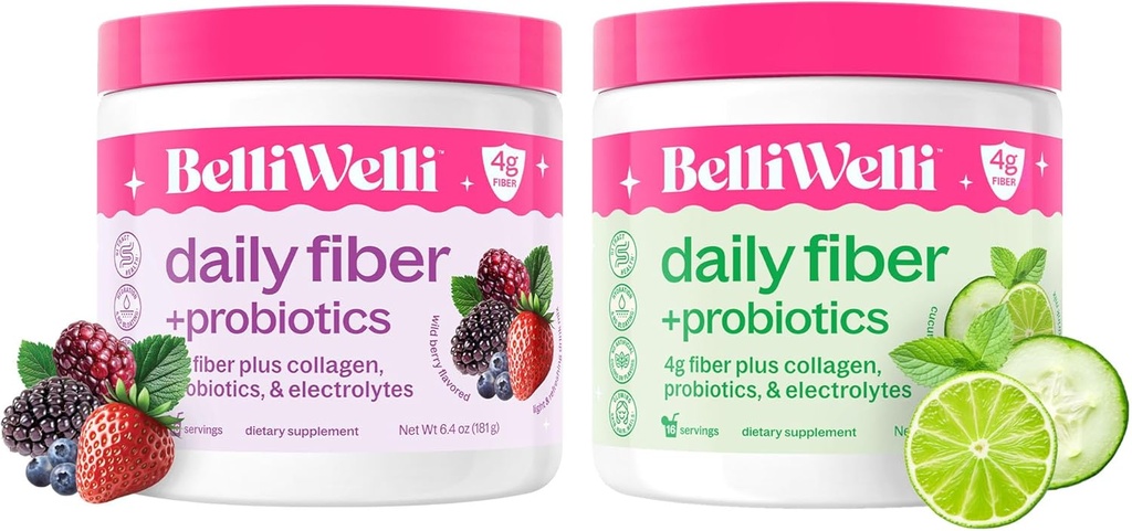 Daily Fiber Supplement Bundle med Collagen, Probiotika & Elektrolyter - Understøtter fordøjelsessygdomme, regelmæssighed og hudsundhed - Cuckumber Lime Mint & Wild Berry Flavors - 32 Serveringer i alt