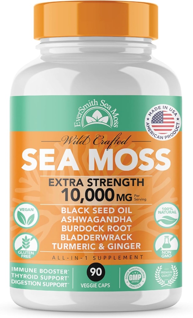 Irish Sea Moss 3,500mg, Black Seed Oil 2,000mg, Bladderwrack 1,000mg, Burdock Root; 124; Wildclemented Irish Seamoss; Immunity Supplemented 124; Sea Moss med Burdock Root; 124; 90 Tæl