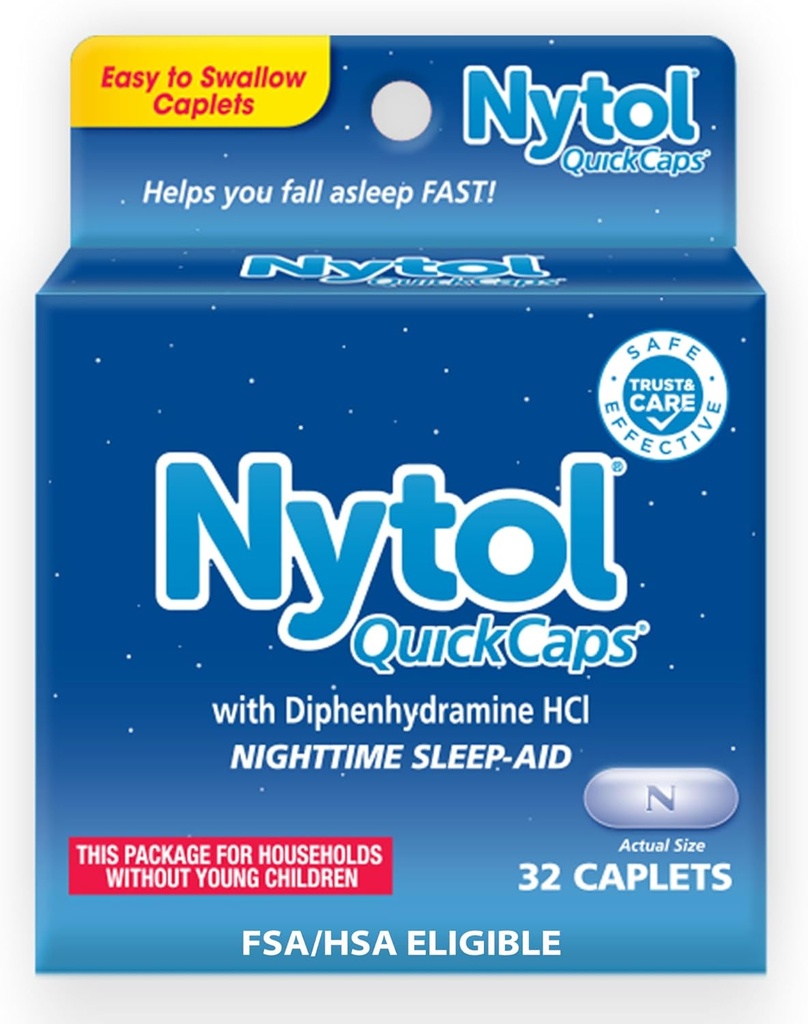 Nytol Quick Caps Nighttime Sleep Aid med Diphenhydramin HCI, Easy- to- Swallow Caplets til at falde Assleep Fast, 32 Greve