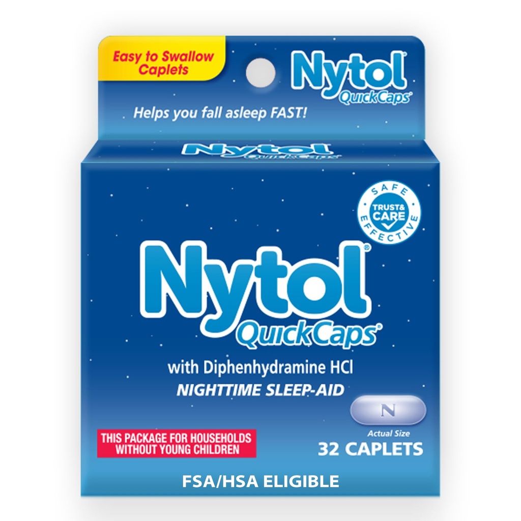 Nytol Quick Caps Nighttime Sleep Aid med Diphenhydramin HCI, Easy- to- Swallow Caplets til at falde Assleep Fast, 32 Greve