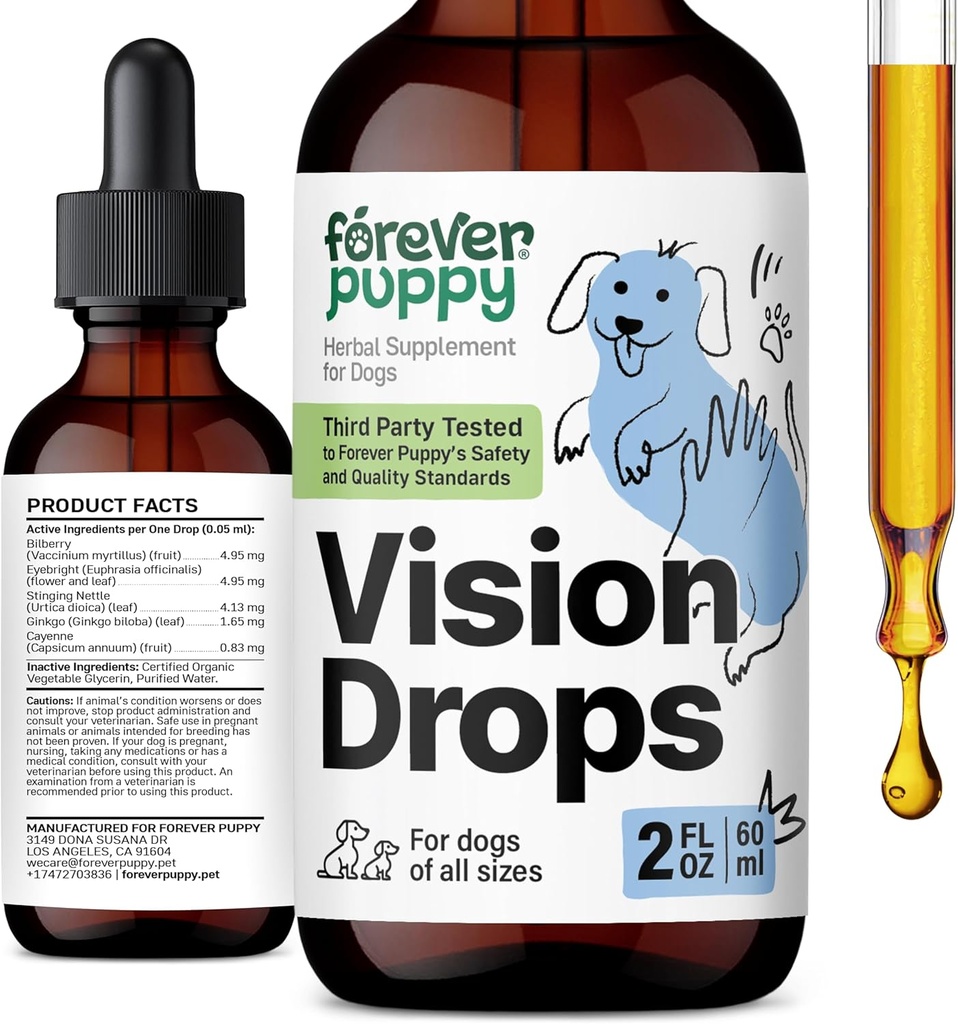 Forever Puppy Vision Kosttilskud til hunde - Eye Tincture w / Bilberry & Eyebright Herb - Alle racer og størrelser - Flydende hund kosttilskud til Vision Support & Eye Klarhed - Sukker & Alkohol- Gratis - 2 oz