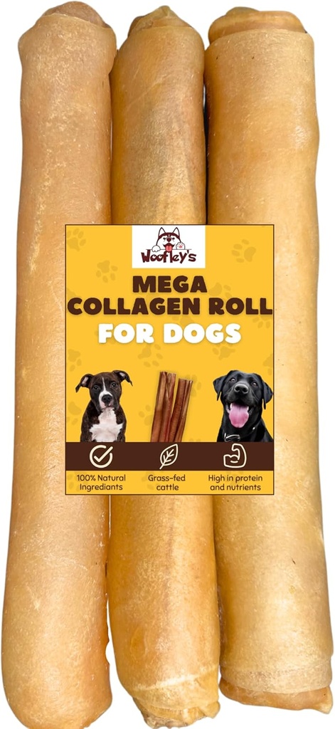 Woofley 's Extra Thick Collagen Roll (10- 12 tommer - 3 PCS) - Tyre til hunde - Bully Stick Rawhide Alternative Hund Chews Ingen Skjul Bones for Medium & Large Hunde