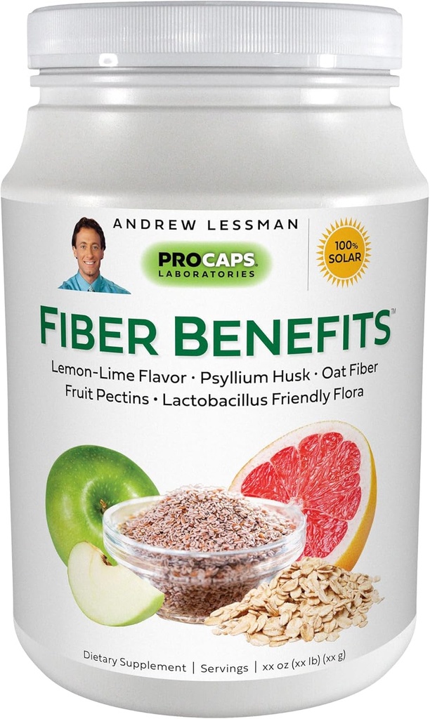 ANDREW LESSMAN Fiber Fordele Powder 120 Serveringer - Lemon- Lime, blid, Natural Opløselig / Uopløselig Fiber, fremmer regelmæssighed, Cleansing. Psyllium Husk, Havre, Æble, Grapefrugt, Guar Gum, Probiotika