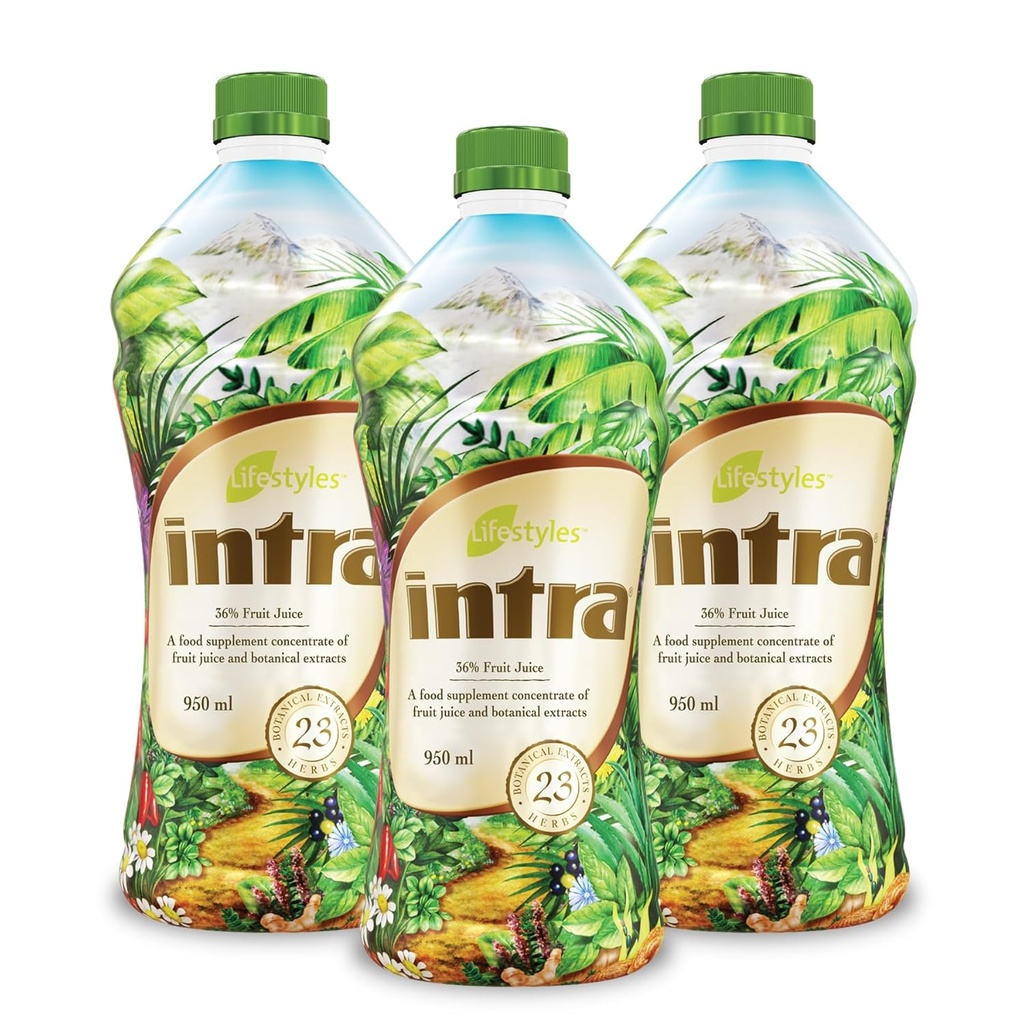 Lifestyles Intra Herbal Juice Drink - Botanisk drikke til immunforsvar, Detox, fordøjelsessygdomme og hjerte-kar sundhed - 23 Botaniske ekstrakter - Lavet i Canada Trio Pack (950 ml / 32 fl oz hver)