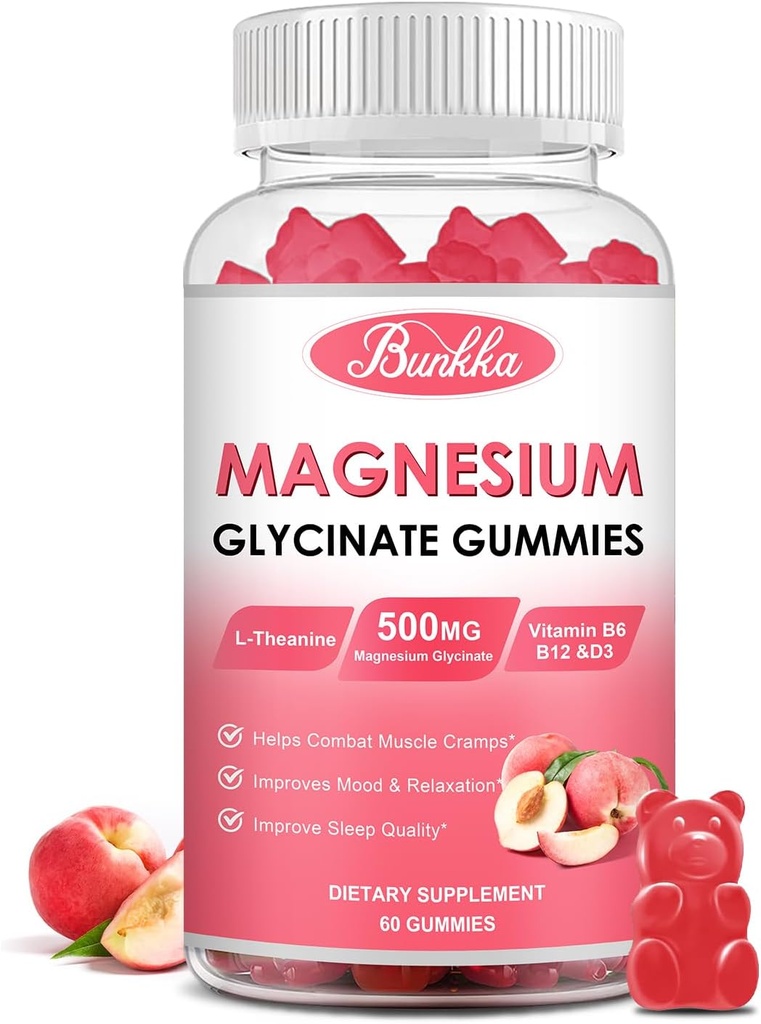 Magnesium Glycinate Gummies - Sugar Free, Magnesium Complex Kalium Supplement med kalium, Vitamin D, B6 for ro, søvn & stress Relief for voksne - 60 Peach Gummies