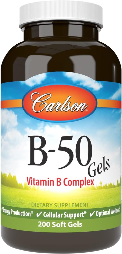 Carlson - B-50 Gels, Vitamin B Complex, Energy Production, Cellular Support & Optimal Wellness, 200 Softgels
