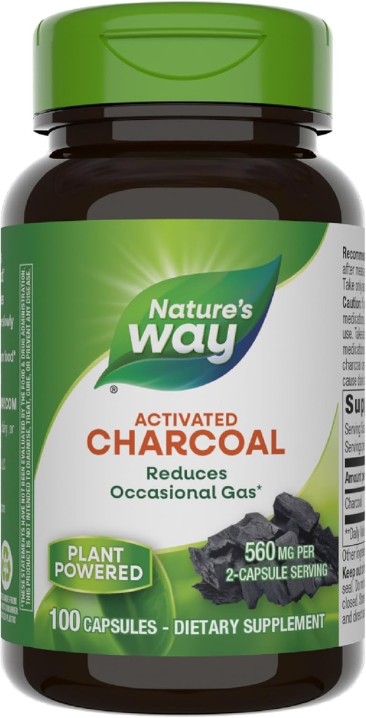 Nature's Way Activated Charcoal, Binds Unwanted Materials and Gas in the Digestive Tract*, 560 mg per 2-Capsule Serving, 100 Capsules (Packaging May Vary)
