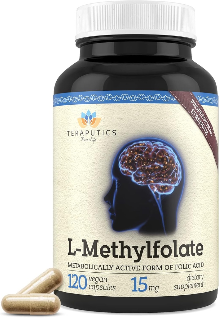 Teraputika L- Methylfolat 15mg - 124; 120 Vegankapsler - 124; Premium - 124; 5- MTHF - Active Methylfolate Supplement for Mood Homocysteine Methylation - Non- GMO Gluten- Free, No Fillers - Follic Acid Brain Support