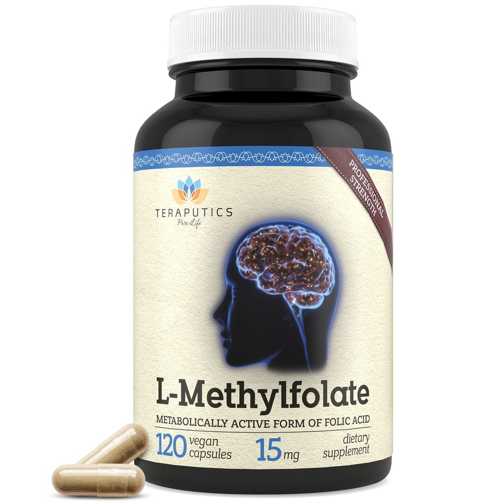 Teraputika L- Methylfolat 15mg - 124; 120 Vegankapsler - 124; Premium - 124; 5- MTHF - Active Methylfolate Supplement for Mood Homocysteine Methylation - Non- GMO Gluten- Free, No Fillers - Follic Acid Brain Support