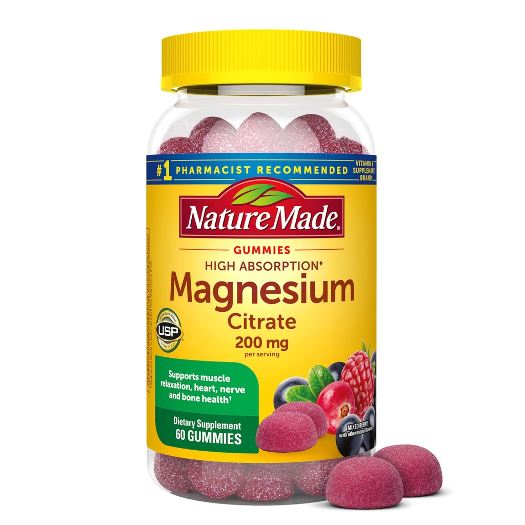 Nature Made High Absorption Magnesium Citrate 200 mg per portion, Magnesium supplement til muskel, nerve, ben og hjerte støtte, 60 Magnesium gummies, 30 dages forsyning