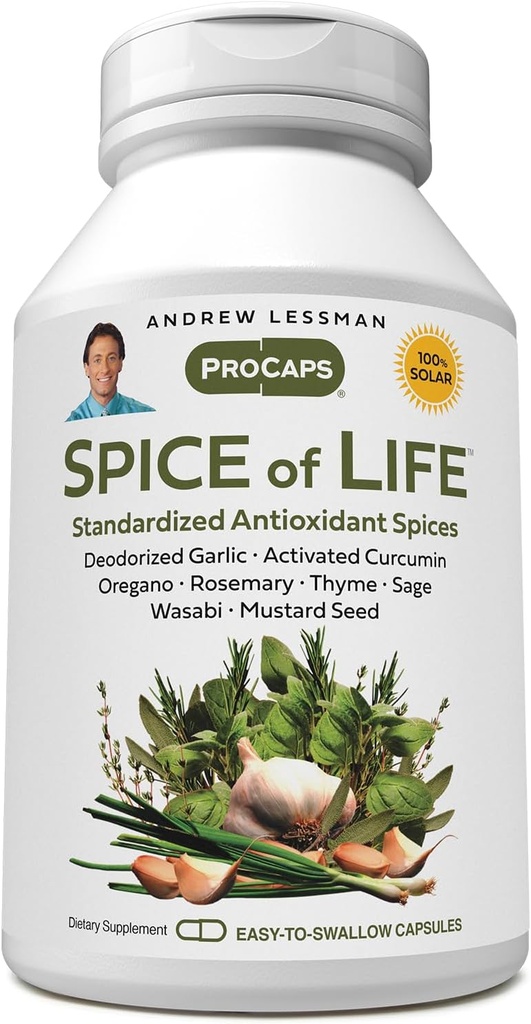 ANDREW LESSMAN Spice of Life 60 Kapsler - Otte videnskabeligt etablerede Extracts, Koncentrater. Health- Promotion Spices. Hvidløg, Curcumin, Oregano, Rosemary, Sage, Timian, Sennepsfrø, Wasabi