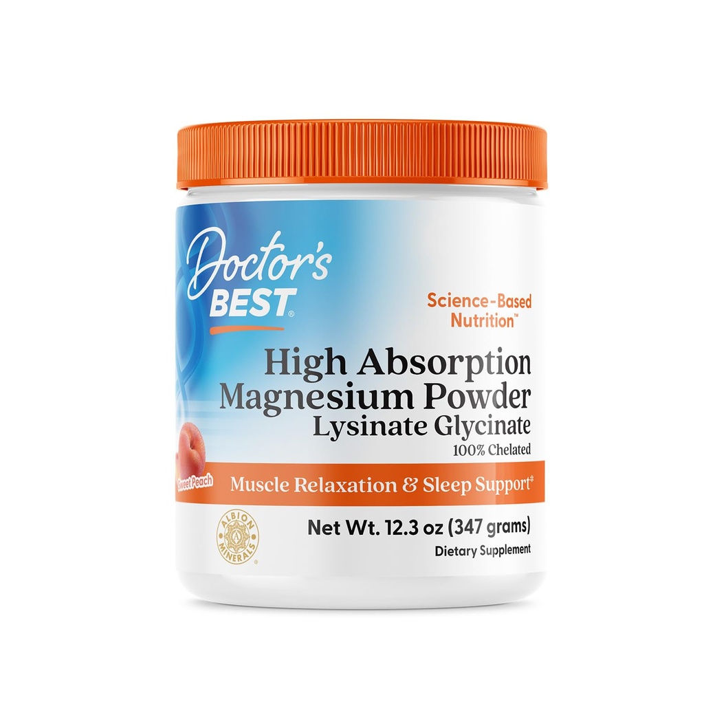 Doctor 's Best High Absorption Magnesium Powder (Peach Flavored) 100% Chelated TRACS, Ikke bufferet, Hovedpine, Muskel, Vegan, Peach Flavor, 12.3 Ounce (pakke med 1)