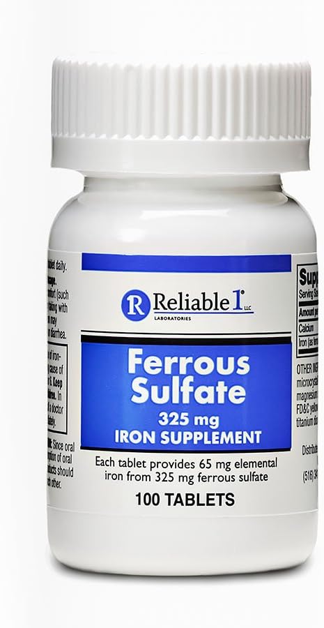 Jern supplement Ferrosulfat 325mg ved Pålidelig 1 • 124; Jernpiller til kvinder og mænd • 124; Jerntilskud til anæmi og jernmangel • 124; 100 jerntabletter pr. flaske