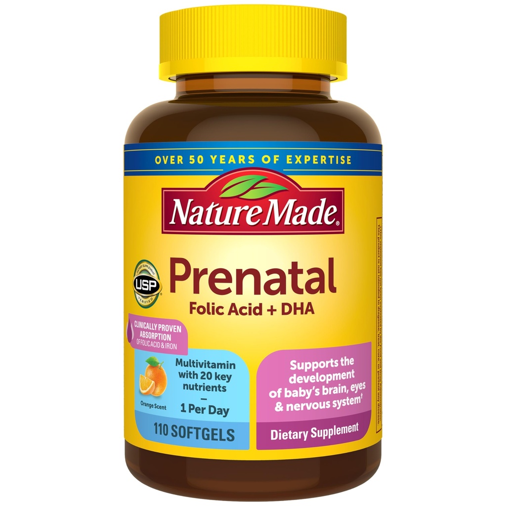 Naturen Lavet prenatal med folinsyre + DHA, prenatal Vitamin og mineralsk supplement til daglig ernæring Support, 110 Softgels, 110 Day Supply