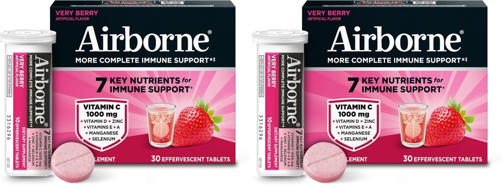 Airborne 1000mg C-vitamin med D-vitamin & zink, sukkerfri multivitamin immuntilskud, antioxidanter Vitamin A C & E, 30 Effervescent tabletter, meget berry flavor (pakke med 2)