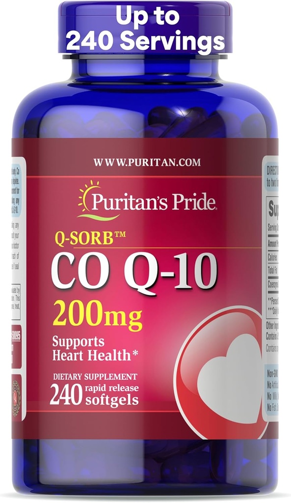 Puritan 's Pride Coenzym CoQ10 200mg, Kosttilskud til hjerte sundhed, blodtryk, oral gumme sundhed, og sund aldring support, 240 Serveringer, Rapid Release Softels