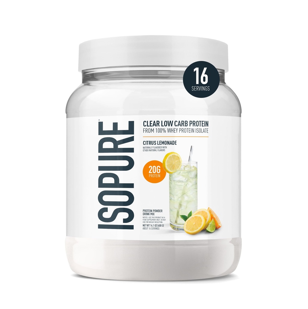 Isopure Clear Whey Isolate Protein Powder, Lactose Free, Gluten Free, naturligt smag, Citrus Lemonade, 20g Protein Per Serving, 14.1 Oz, 16 Servere (Packaging May Vary)
