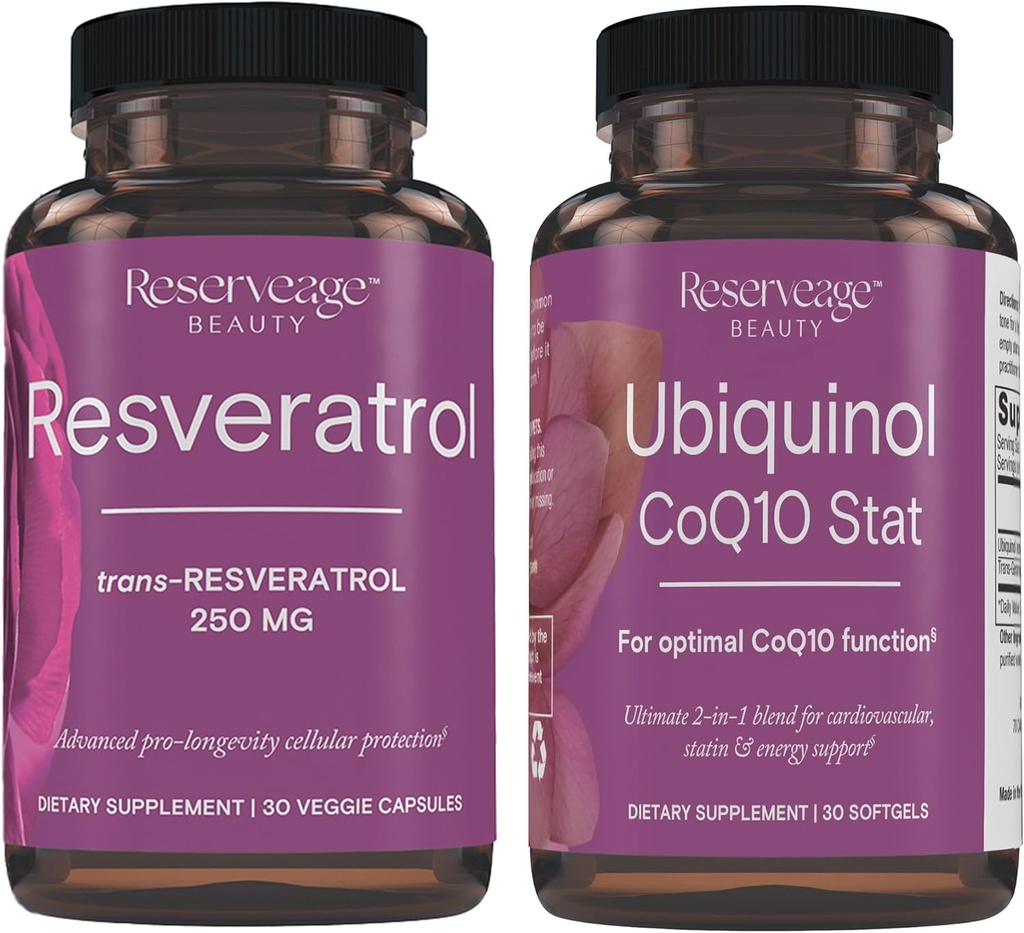 Reserveage Beauty, Resveratrol 250 mg, Antioxidant Supplement for Heart and Cellular Health 30 Caps & Ubiquinol CoQ10 Stats - Support for Cardiovaskulære System, Energiniveauer & Cellular Health - 30