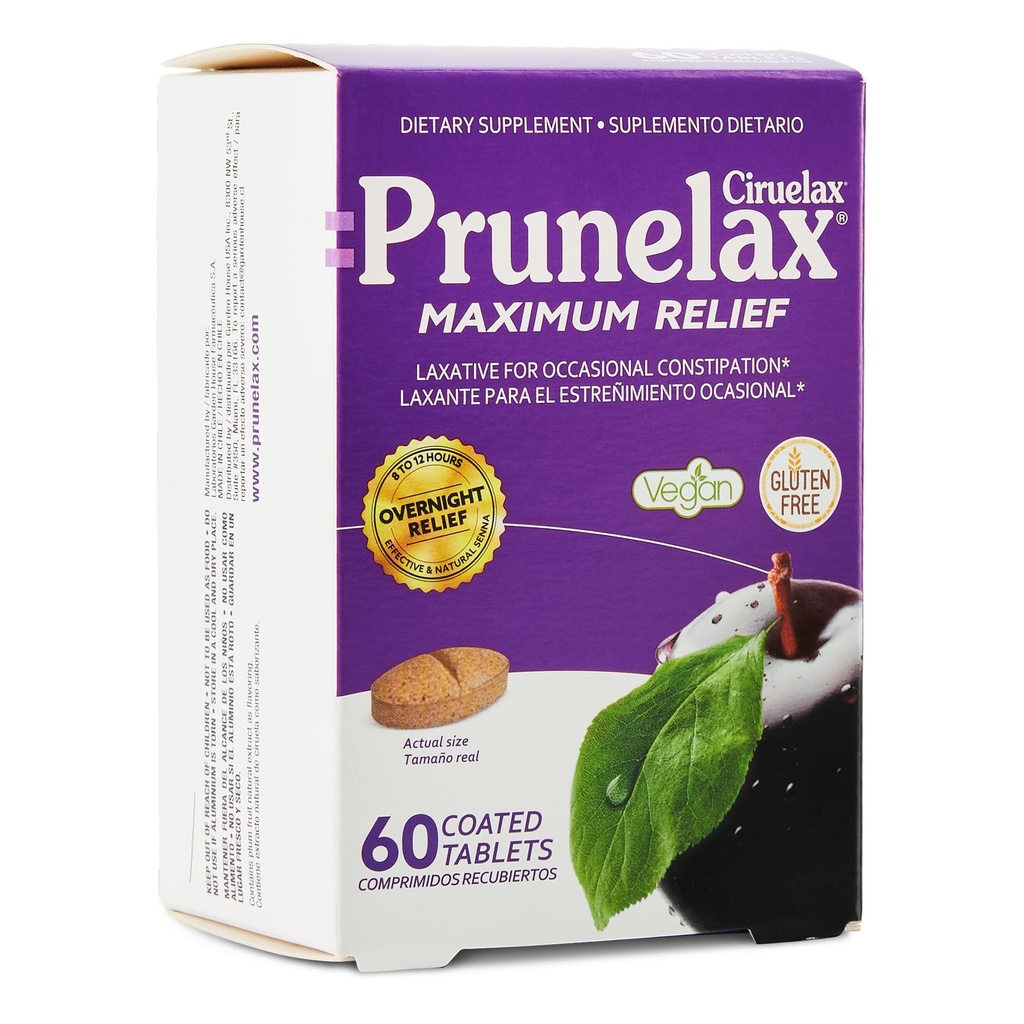 Prunelax Ciruelax Maximum Relief Laxative Tablets with Natural Senna for Occasional Constipation, Senna Extract, Vegan & Gluten- Free, Gentle Overnight Relief - 60ct