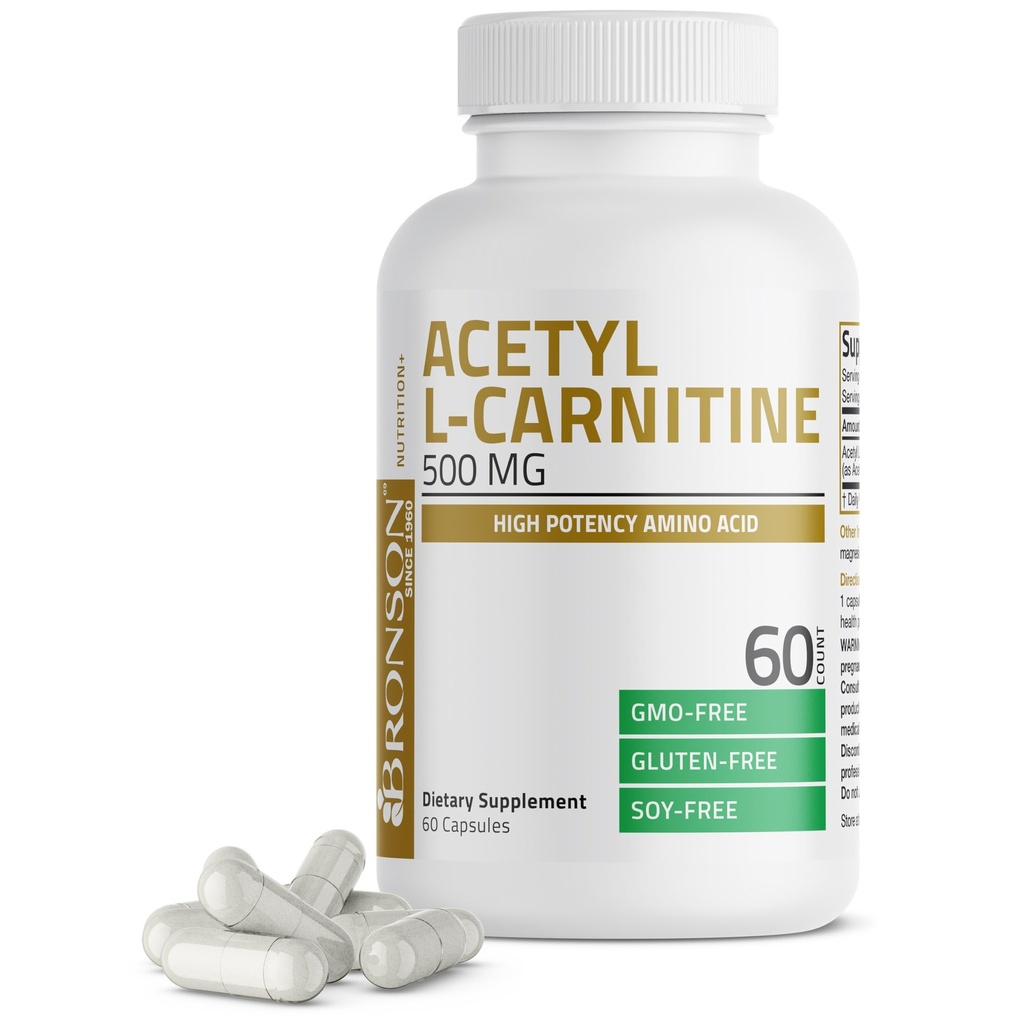 Bronson Acetyl L- Carnitin 500 MG Aminosyre uden GMO, 60 kapsler
