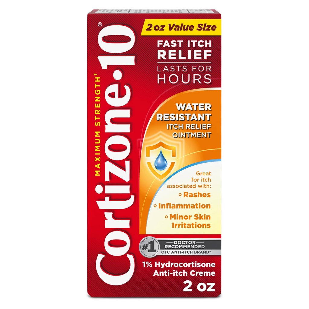 Cortison-10 Maksimum Styrke Vandafvisende Itch Relief Salve, 1% Hydrocortison, Fast- Action- Action-, Anti- Itch Cream for Bug Bites, Udslæt, Eksem, Psoriasis, Poison Ivy, Oak, Sumac & Mere, 2 oz