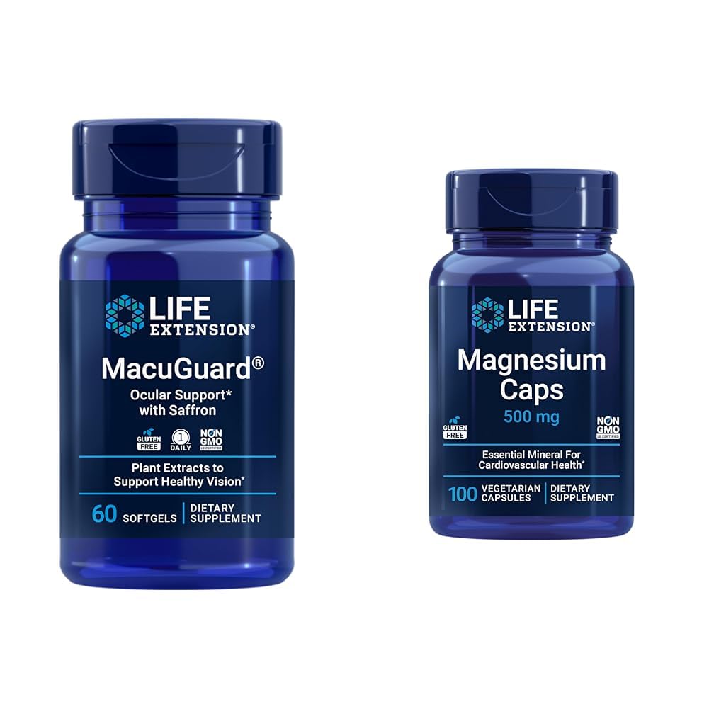 Life Extension MacuGuard Eye Health Supplement med Magnesium Kapsler 500mg - Lutein, Zeaxanthin, Meso- zeaxanthin og Saffron for Sund Vision - 60 Softgels og 100 Vegetariske Kapsler