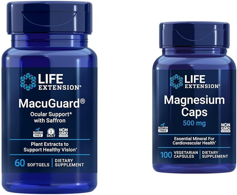 Life Extension MacuGuard Eye Health Supplement med Magnesium Kapsler 500mg - Lutein, Zeaxanthin, Meso- zeaxanthin og Saffron for Sund Vision - 60 Softgels og 100 Vegetariske Kapsler
