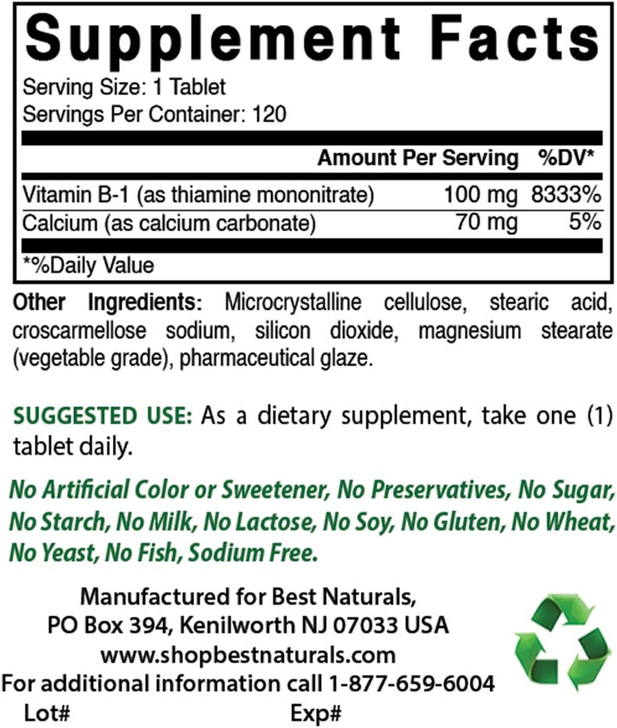 Bedste Naturals Vitamin B1 som Thiamin Mononitrate 100 mg & Vitamin B12 6000 mcg