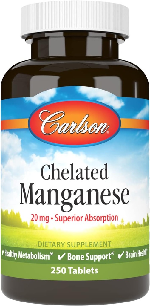 Carlson - Chelated Mangan, 20 mg - Superior Absorption, Sund Metabolisme, Knoglestøtte & Hjerne Sundhed, 250 tabletter