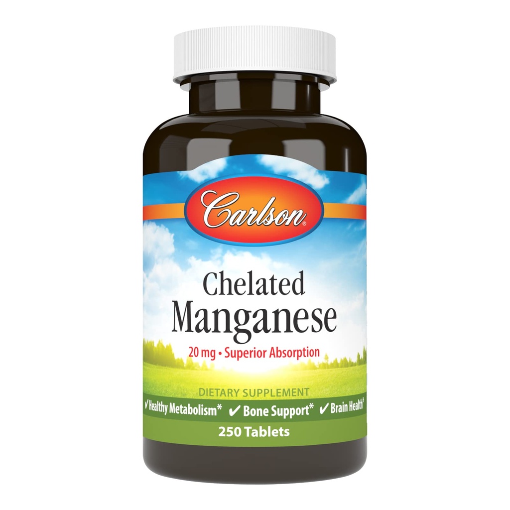 Carlson - Chelated Mangan, 20 mg - Superior Absorption, Sund Metabolisme, Knoglestøtte & Hjerne Sundhed, 250 tabletter