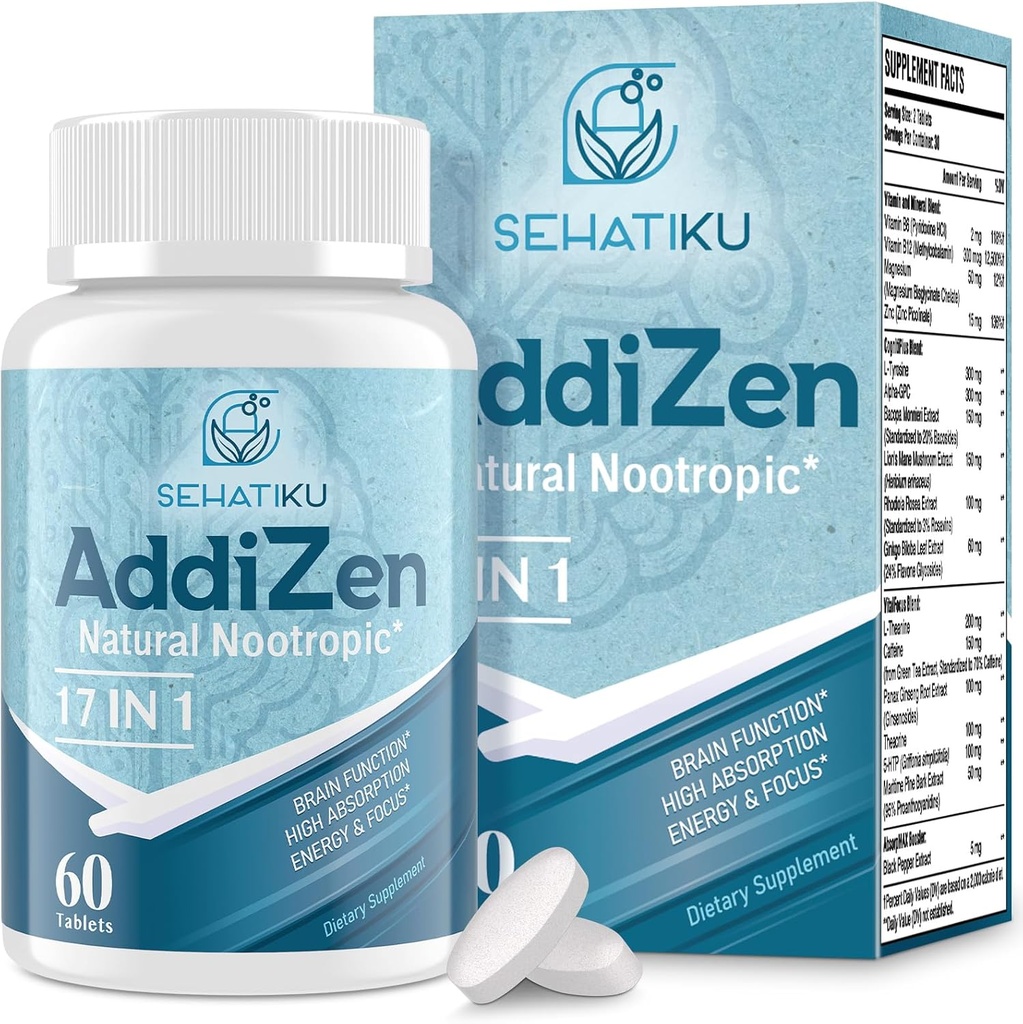 17- in-1 Brain Supplement for Memory and Focus; Natural Nootropics Brain Supplement for Brain Cognition, Energy; High Absorption; 124; L- Theanin, Phytonutrient Blend og Vitaminer B6, B12 - 124; 60 tabletter