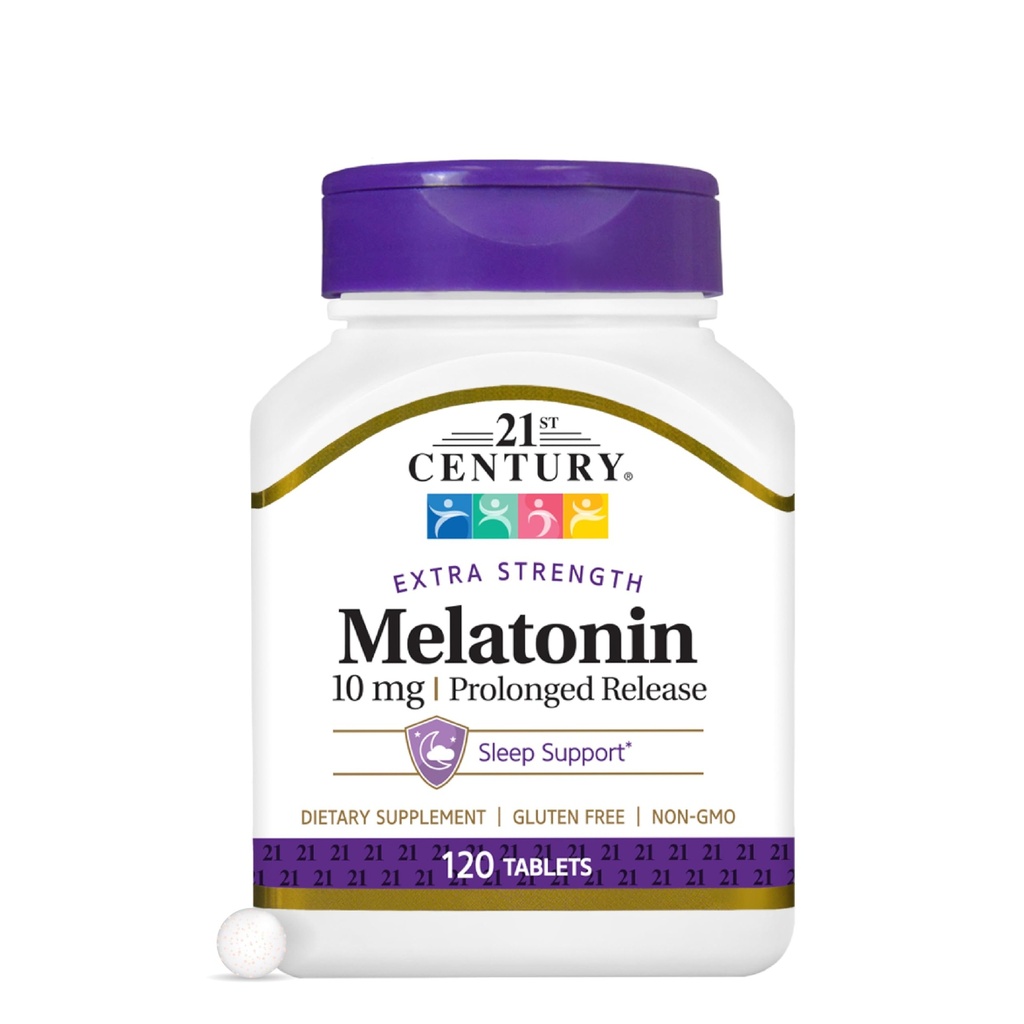 21. Century Melatonin 10mg ekstra styrke tabletter, (120 Greve), langvarig udløsning dvalehjælp til voksne, fremmer afslapning og rolig søvn, ikke-Habit Danning, Gluten- fri, ikke-GMO
