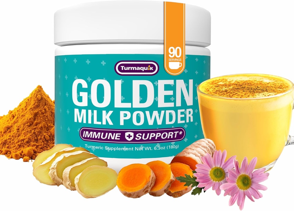 Turmaquik Organic Golden Milk Turmerisk Pulver, Immunstøtte + Superfood Blend of Ingefær, Black Pepper, Curcumin, Kanel, Cardamom + Vitamin C, D, B6, B12, Zink- Immunitet Boost