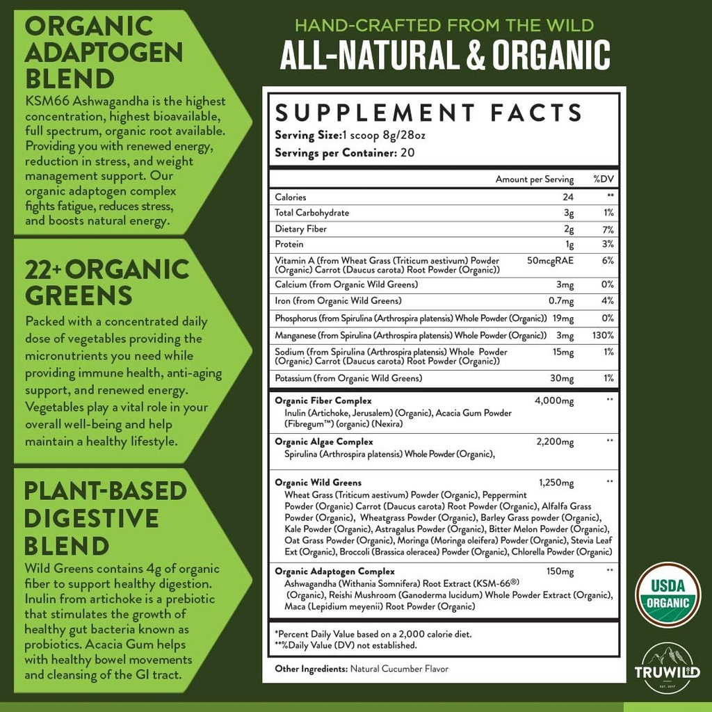 TruWild Green Superfood Juice Powder, med 22 + Grønne & Antioxidanter, Naturlig Immun, Stress, fordøjelsesstøtte pulver, 90 Servere, 3 Pack