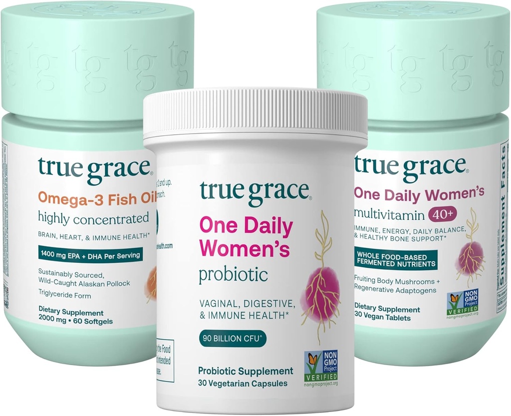 True Grace One Daily Women’s Multivitamin 40+ (30 Vegan Tablets), Omega-3 Fish Oil (60 Softgels) & One Daily Women’s Probiotic (30 Vegetarian Capsules) - 30-Day Supply of Each
