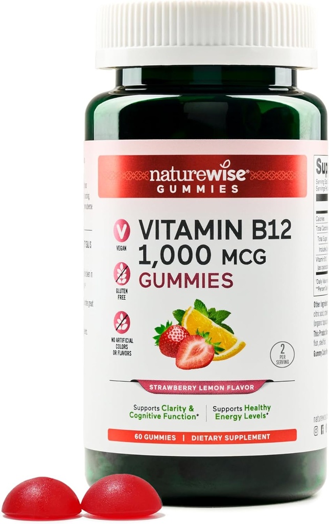 NatureWise Vitamin B12 Gummies for voksne, 1000 mcg - Strawberry Lemon Flavor - Understøtter Daglig Energi, Mental Klarhed, Kognitiv funktion - Vegan, Gluten- Free, Non- GMO - 60 Greve [1-måned Tilgang]
