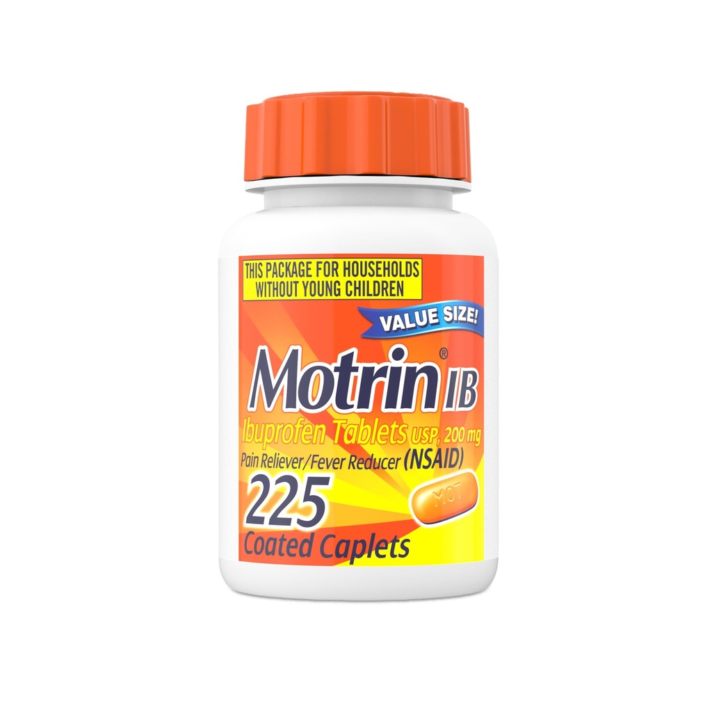 Motrin IB Ibuprofen 200mg tabletter, hurtigvirkende smertelindring og feber Reducer, Over- the- counter Cold Medicine for Heache, Backache, Tandpine, Menstruelle kramper og mindre arthritis Pain, 225 Tælling