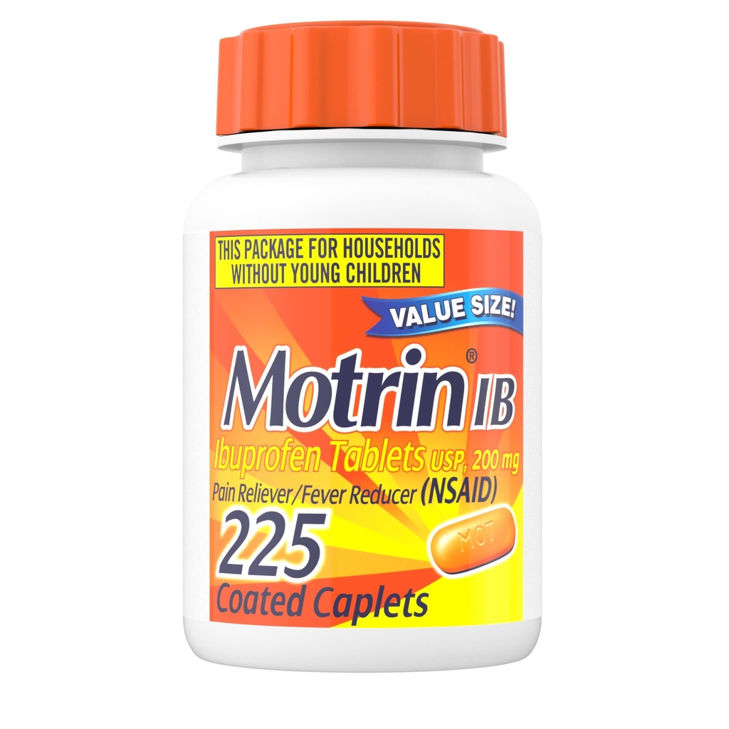 Motrin IB Ibuprofen 200mg tabletter, hurtigvirkende smertelindring og feber Reducer, Over- the- counter Cold Medicine for Heache, Backache, Tandpine, Menstruelle kramper og mindre arthritis Pain, 225 Tælling