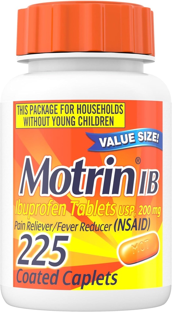 Motrin IB Ibuprofen 200mg tabletter, hurtigvirkende smertelindring og feber Reducer, Over- the- counter Cold Medicine for Heache, Backache, Tandpine, Menstruelle kramper og mindre arthritis Pain, 225 Tælling
