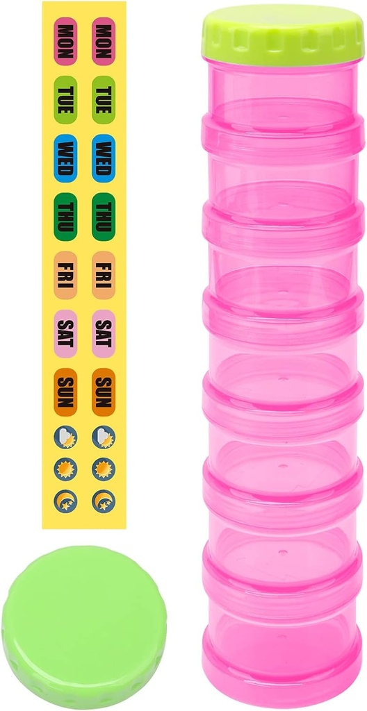 7 dages pille Organizer sag Stakbare ugentlige kosttilskud Vitamin piller Holder Dispenser Ekstra stor gennemsigtig pink med etiket og 2 flere låg