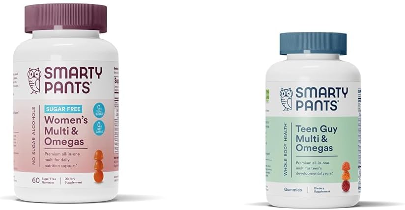 SmartyPants Kvinder Multivitamin Gummies, Sukker Free: Biotin, Methylfolfolat, Omega 3 (ALA), Vitamin D & Teen Guy Multivitamin Gummies: Omega 3 Fish Oil (EPA / DHA), Vitamin D3, C, Vitamin B12, B6
