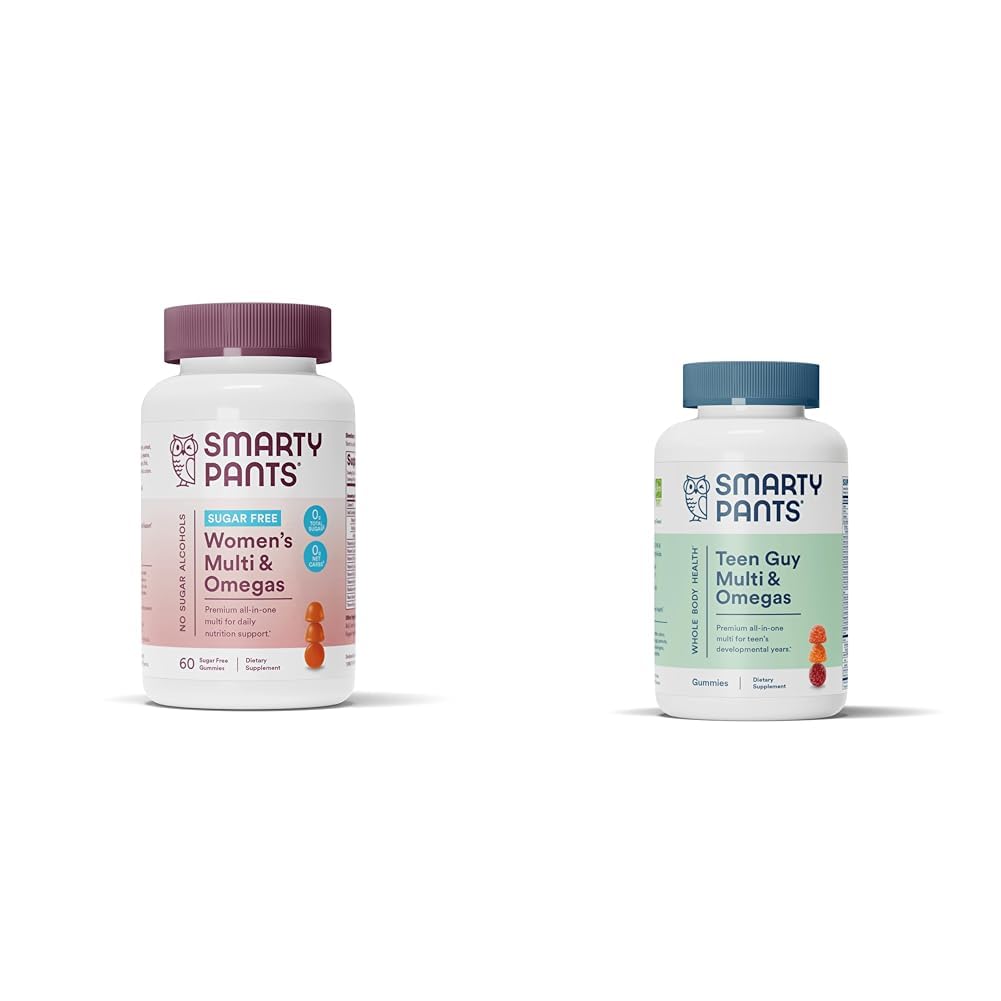 SmartyPants Kvinder Multivitamin Gummies, Sukker Free: Biotin, Methylfolfolat, Omega 3 (ALA), Vitamin D & Teen Guy Multivitamin Gummies: Omega 3 Fish Oil (EPA / DHA), Vitamin D3, C, Vitamin B12, B6
