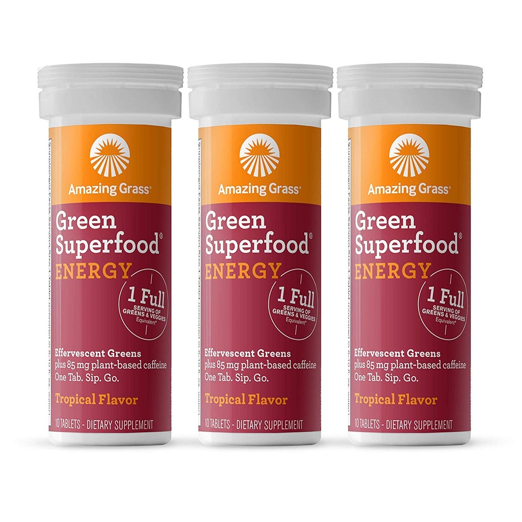 Amazing Grass Effervescent Energy Tablets: Green + Green Tea Koffein, Vand Aromering Tablet med antioxidanter, Nootropics Support, Tropical, 10 Greve (pakke med 3)