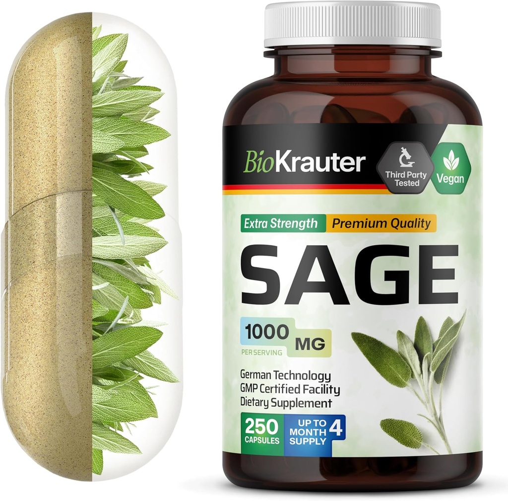 BIO KRAUTER Sage Supplement Kapsler 1000 mg - 250 Vegan Caps - tillæg med Salvia Officinalis - immunforsvar & fordøjelsesstøtte - rig på antioxidanter