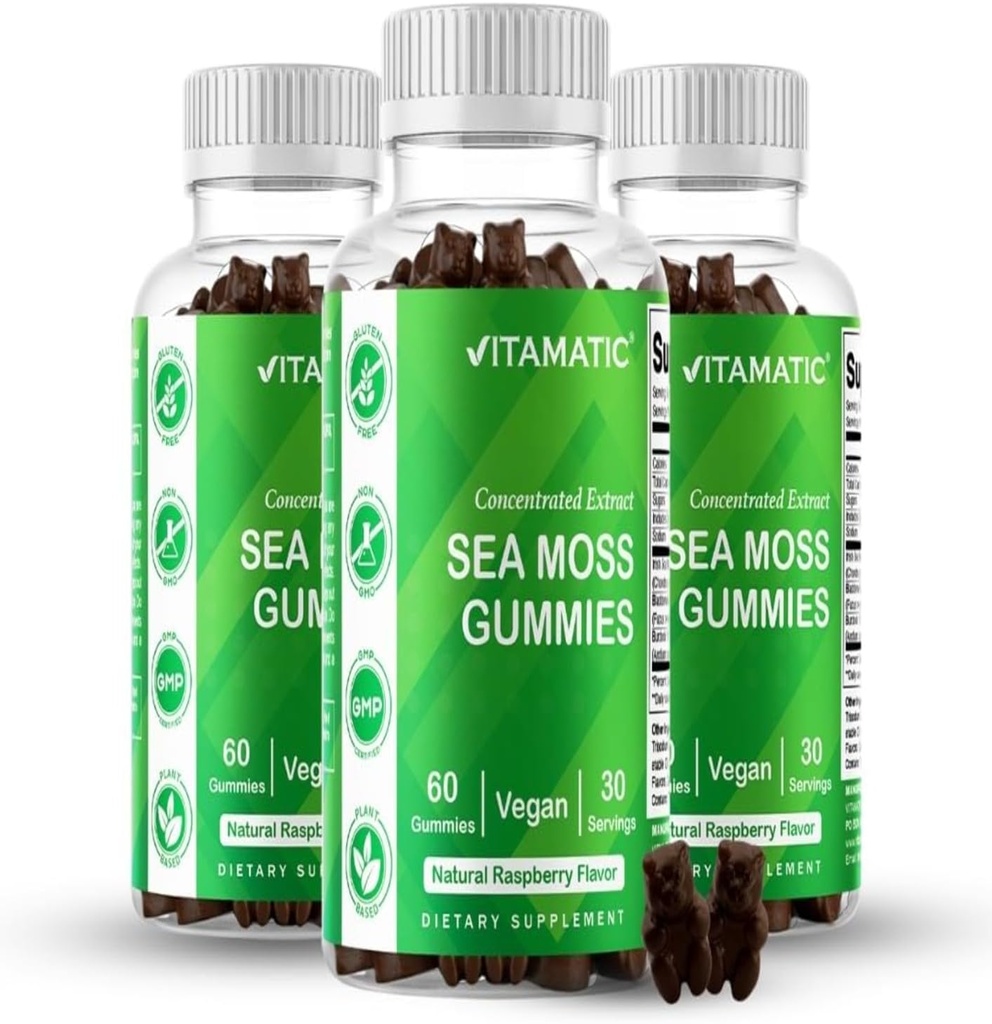 Vitamatic 3 Pack Irish Sea Moss Gummies- 3000mg Ækvivalent Per Servering (fra ekstrakt 132,5 mg) - 60 Ct - Lavet med Bladerwrack & Burdock Root - Seamoss supplement til Thyroid, Energi, immunforsvar